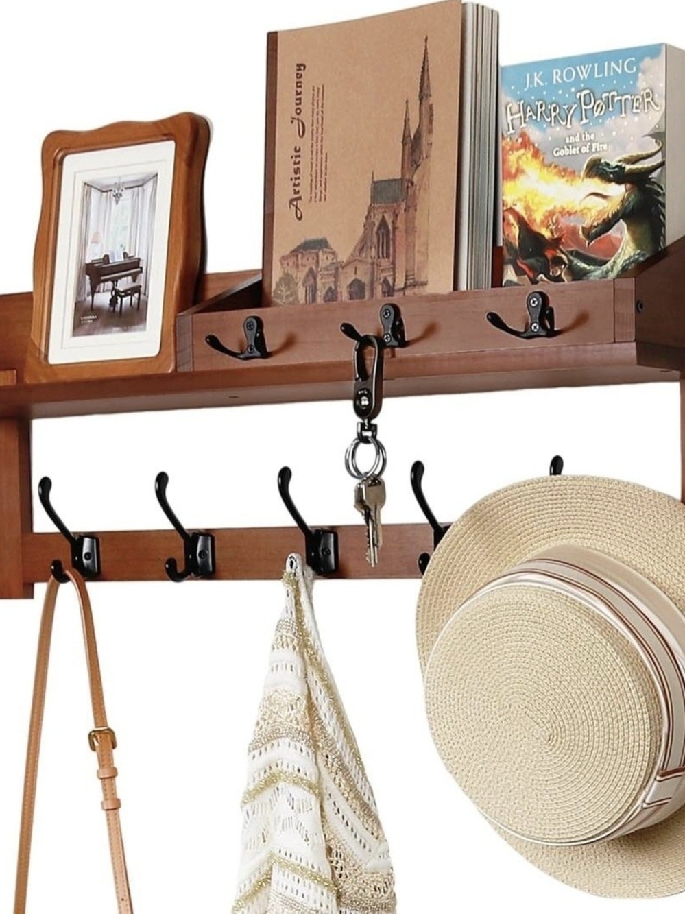 Coat Rack Wall Mount with Shelf, 26IN Wooden Coat Hanger Hooks Wall Mount